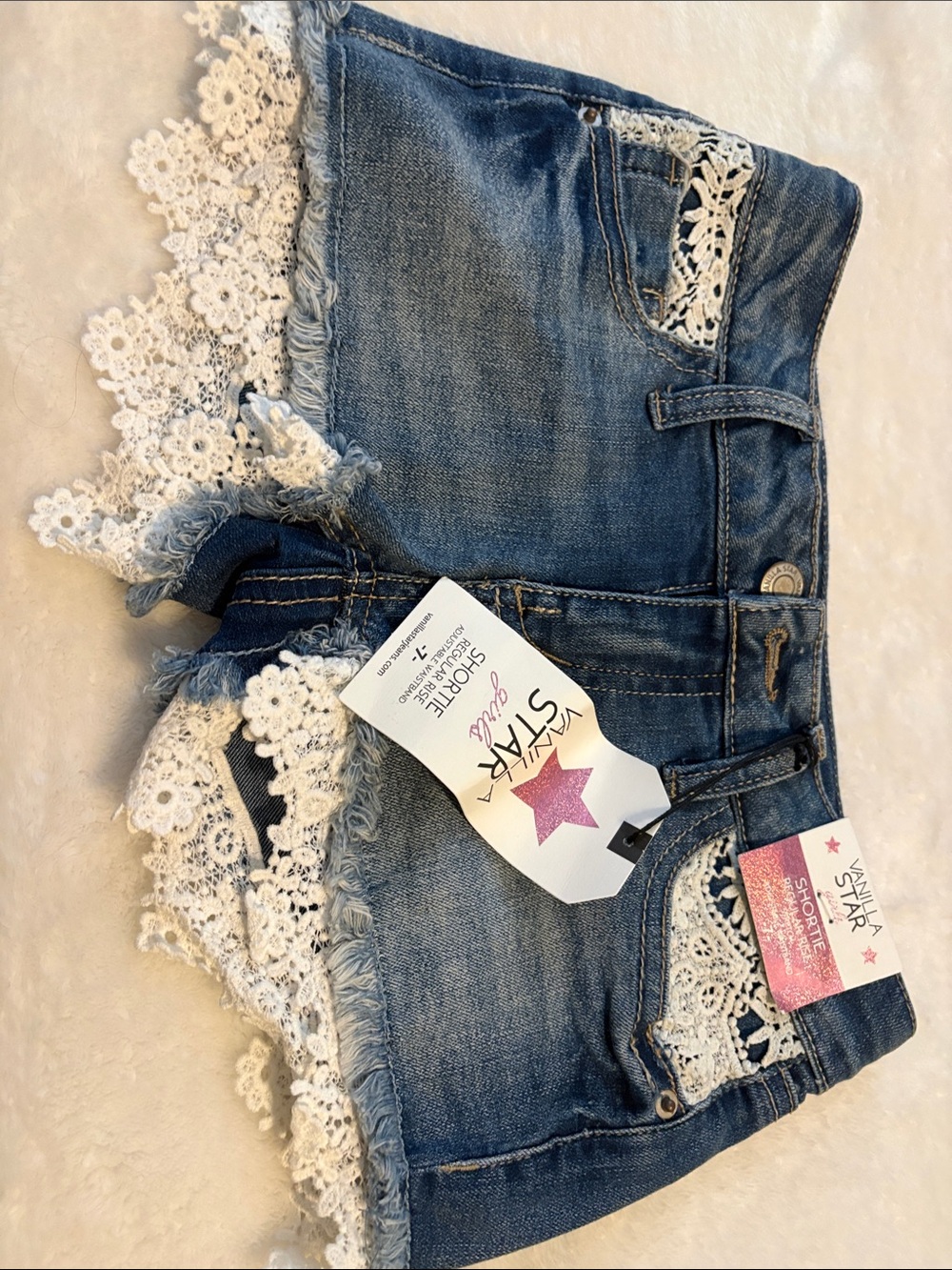 Vanilla Star Blue Denim Shorts with White Crochet Trim